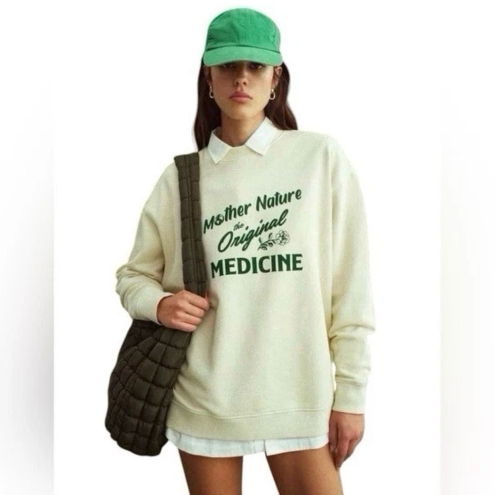 MATE the Label Cream Sweater with Green Print